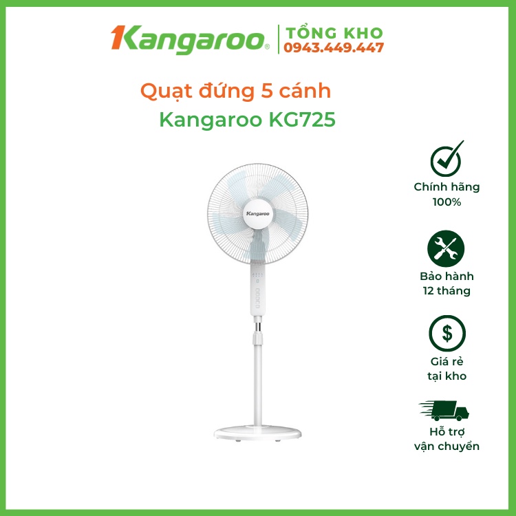 Quạt đứng 5 cánh Kangaroo KG725 - Điều khiển từ xa - 3 chế độ gió - Hẹn giờ lên đến 7.5 tiếng - 2 mức điều chỉnh độ cao