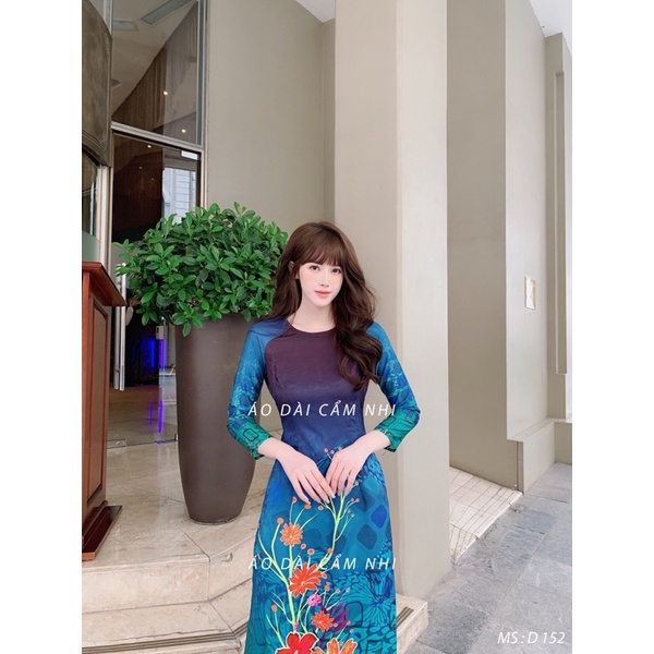 Áo dài xanh in hoa đỏ Mã D152, Áo dài lụa Hải Đường mềm, co dãn 4 chiều
