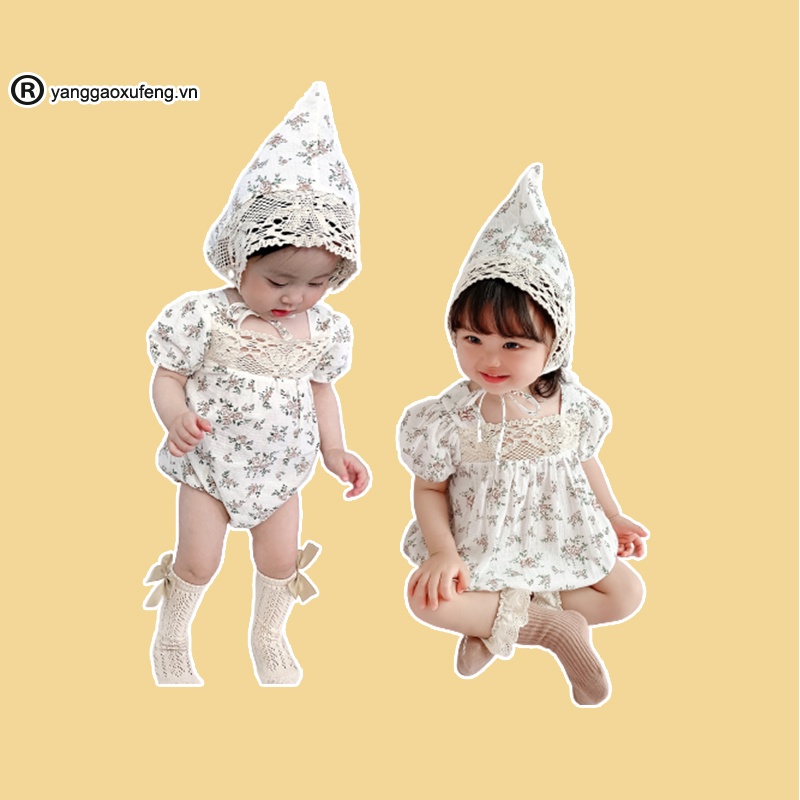 Set áo liền quần và mũ trùm đầu xinh xắn cho bé gái sơ sinh