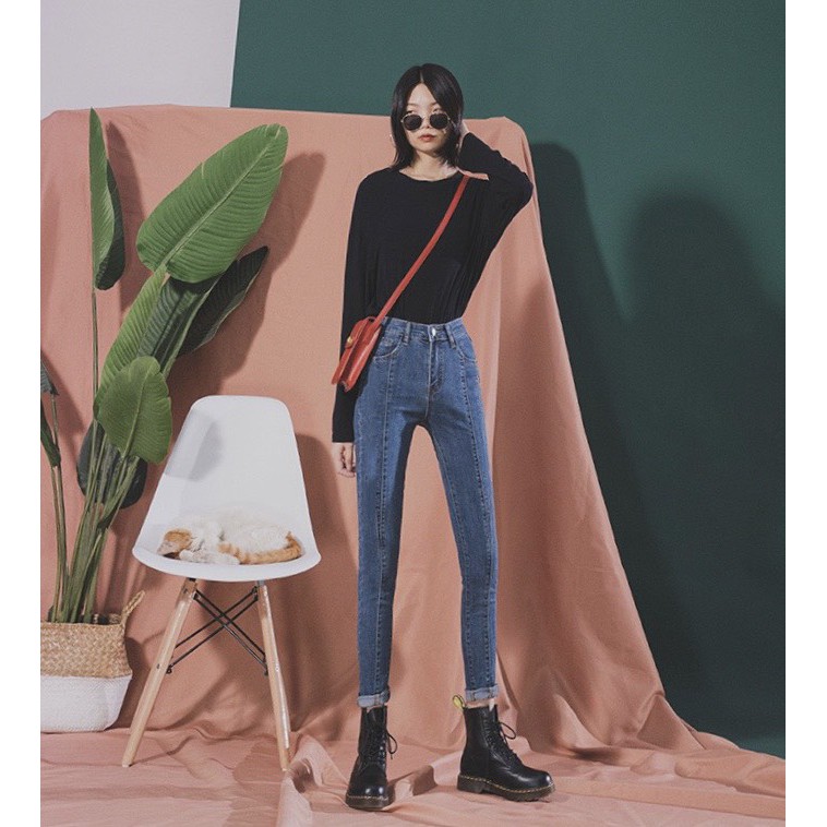 Quần jean dài BIG SIZE lưng cao, co dãn mạnh, màu xanh nhạt có sọc giữa có size 65kg~90kg dành cho người béo 1508