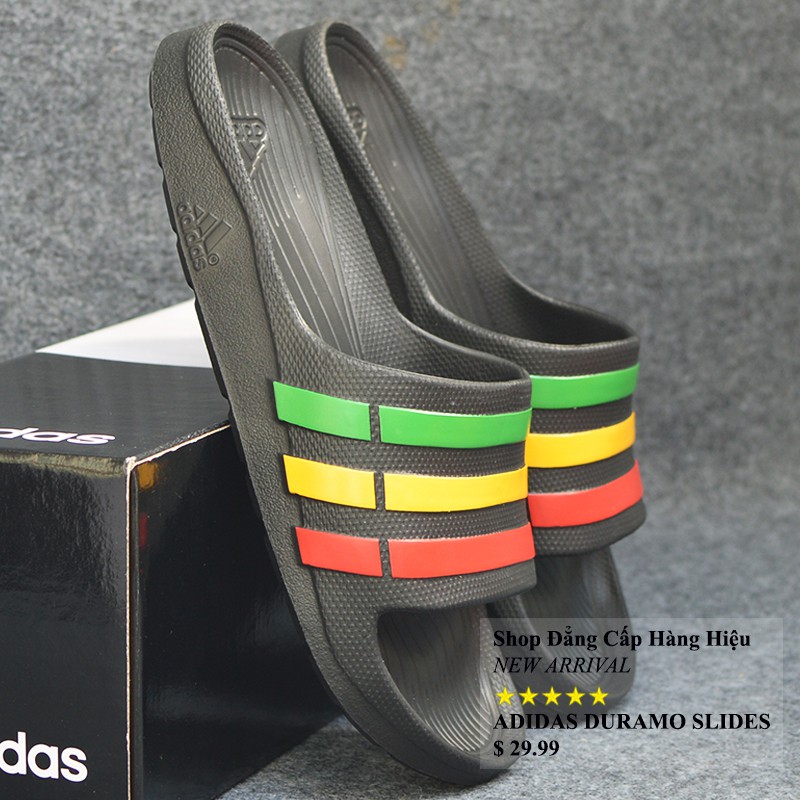 Dép Adidas Duramo màu đen sọc lá vàng đỏ