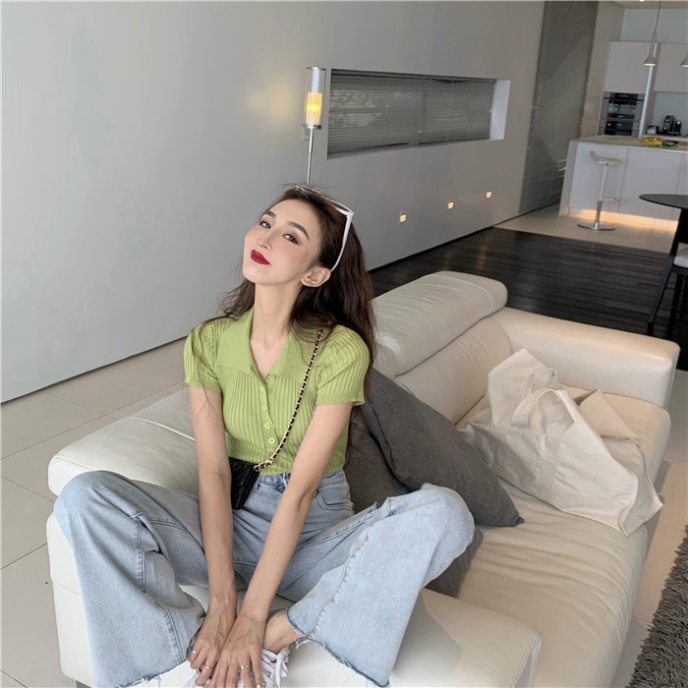 Áo croptop dệt kim tay ngắn cổ polo LUHAZO thời trang Hàn Quốc thanh lịch s4t4-2