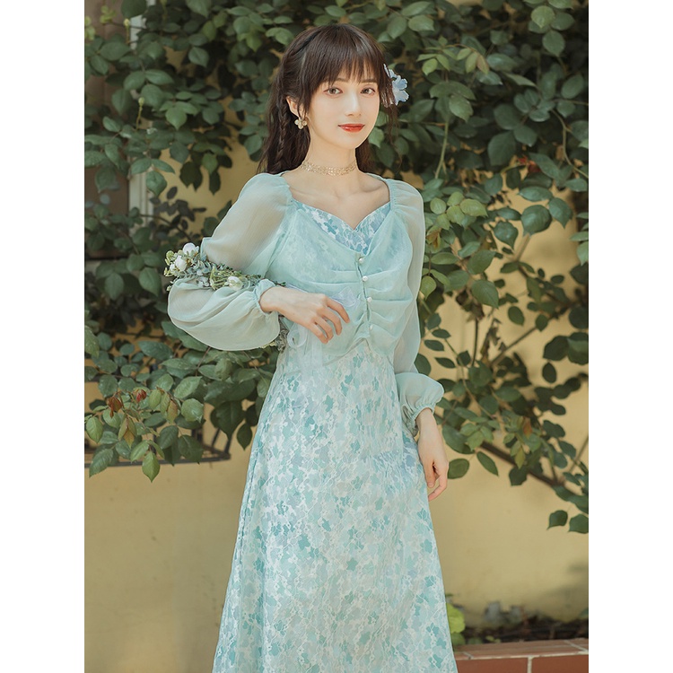 Sét Đầm maxi sling thêu hoa xanh ngọc 2 lớp kèm áo voan bắt sáng cao cấp 42-50kg
