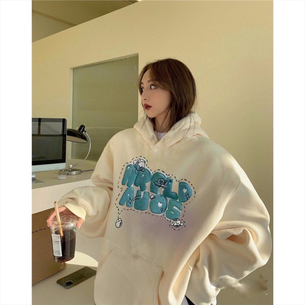 Áo Hoodie Nữ In Chữ Nổi HRPLD Form Rộng Tay Phồng