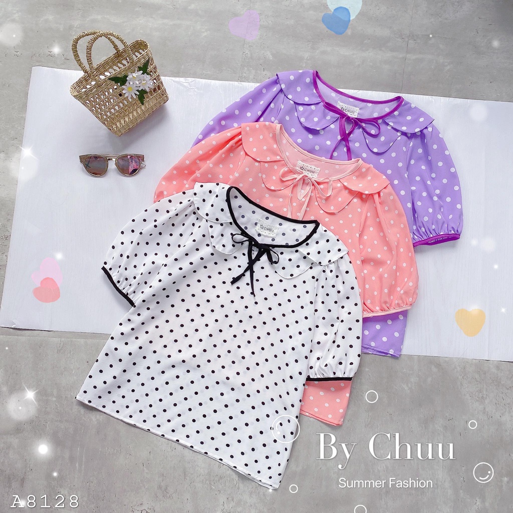 Áo sơ mi chấm bi nữ kiểu cổ cột nơ công sở CHUU A8128