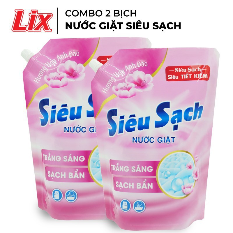 Combo 2 Túi nước giặt Lix Siêu Sạch hương hoa anh đào 2.4Kg / Túi - Siêu sạch, siêu tiết kiệm
