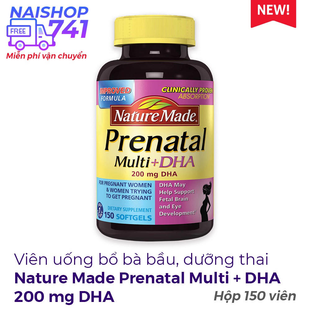 Nature Made Prenatal Multi + DHA 200 mg DHA bổ bà bầu vitamin, Chai 150 viên