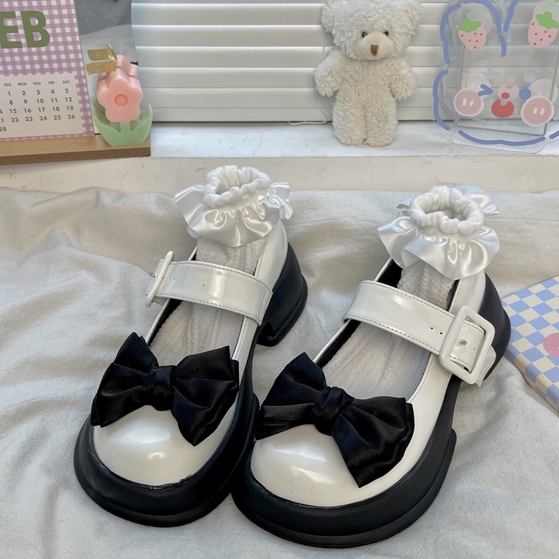 Giày lolita nữ độn đế cao gắn nơ đen,Giày da ulzzang nữ phong cách Hàn Quốc LT76