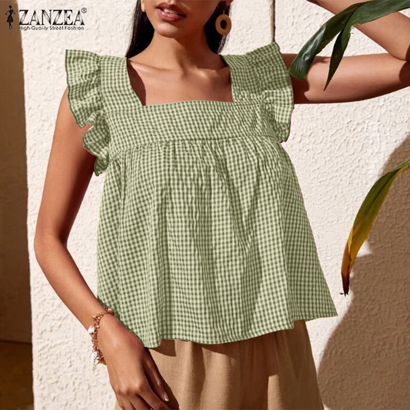 Áo kiểu babydoll Zanzea cổ vuông tay phồng họa tiết sọc caro phong cách Châu Âu thời trang cho nữ