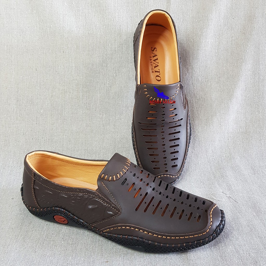 Giày rọ nam da bò cao cấp LÓT DA CỪU nguyên tấm đế khâu mùa hè đục lỗ thoáng khí Men’s Summer Shoes H-2 màu cafe