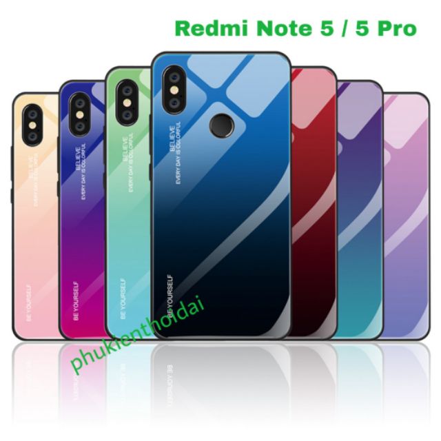 Ốp lưng kính đa sắc Redmi Note 5 / 5 Pro Mặt kính viền dẻo để dễ