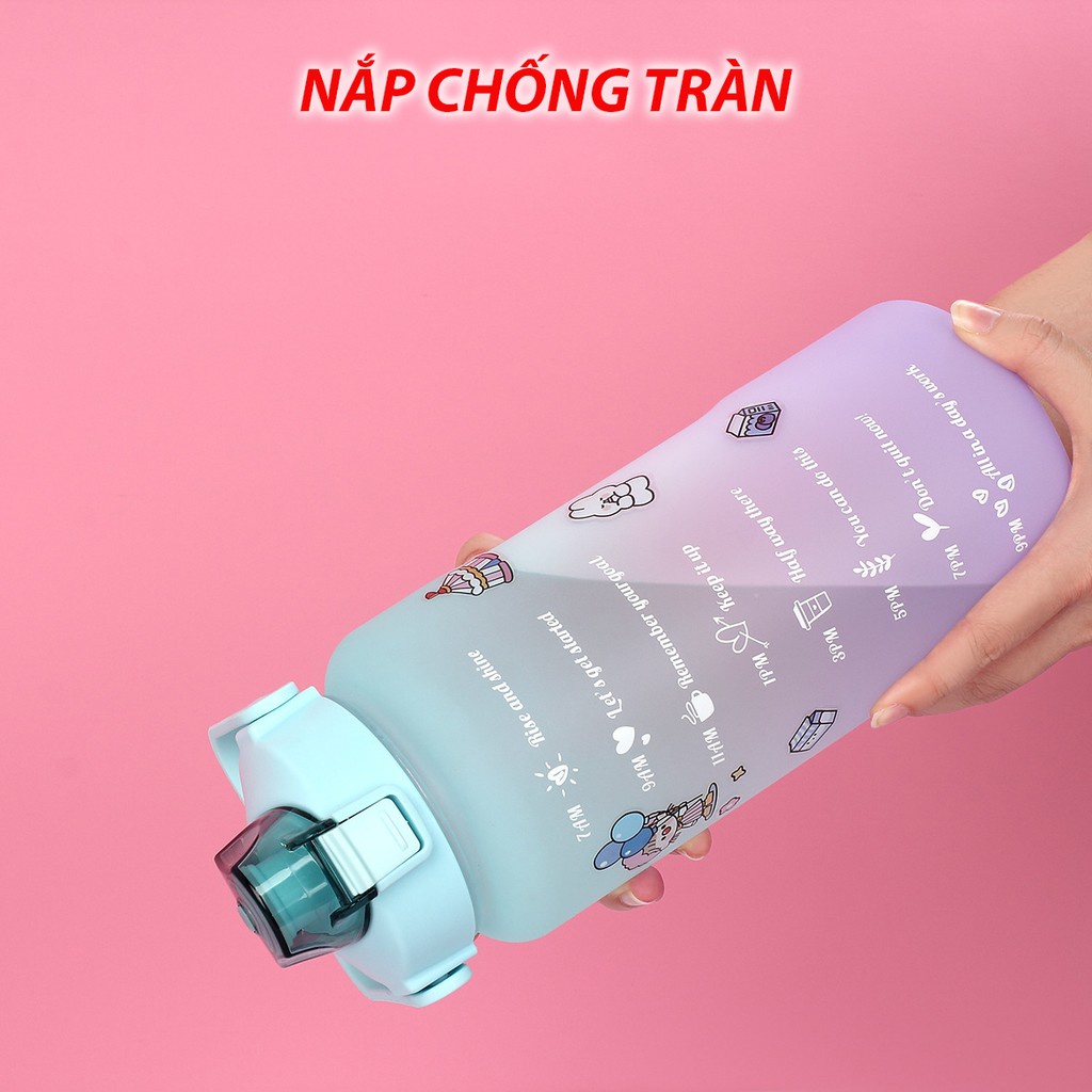 Bình Nước 2 lít Tặng Kèm Sticker Có Vạch Chia Nhắc Giờ Cho Người Lười Uống Nước, Bình Nước Thể Thao 2L