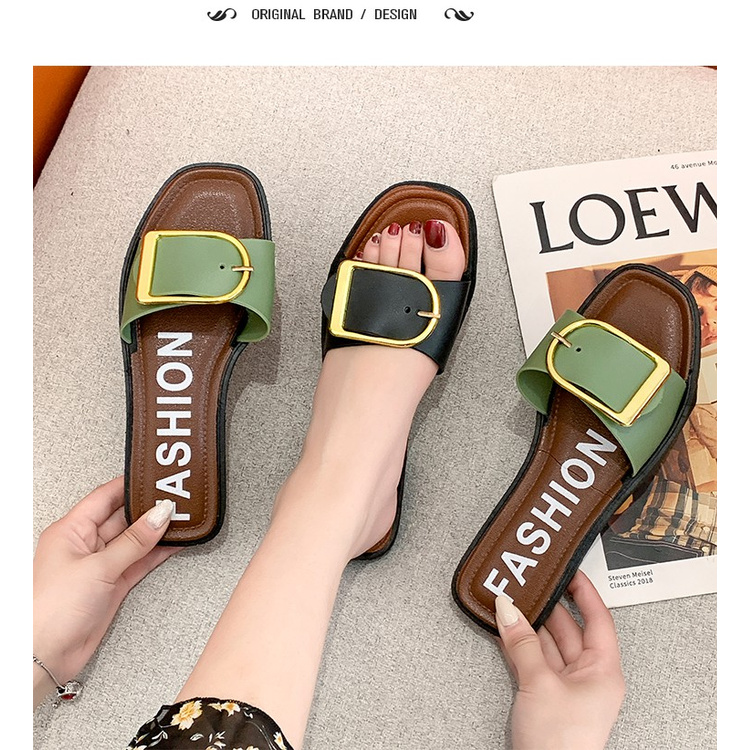 2021 Summer New Korean-Style Sandals and Slippers Women's Outer Wear Square Buckle Flat Casual Fashion Soft-Sole Beach W