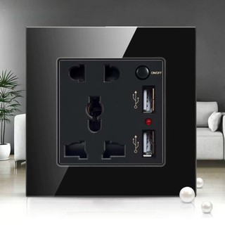 Ổ cắm điện đôi 3 chấu có 2 cổng USB mặt kính cường lực ATS-UK-USB