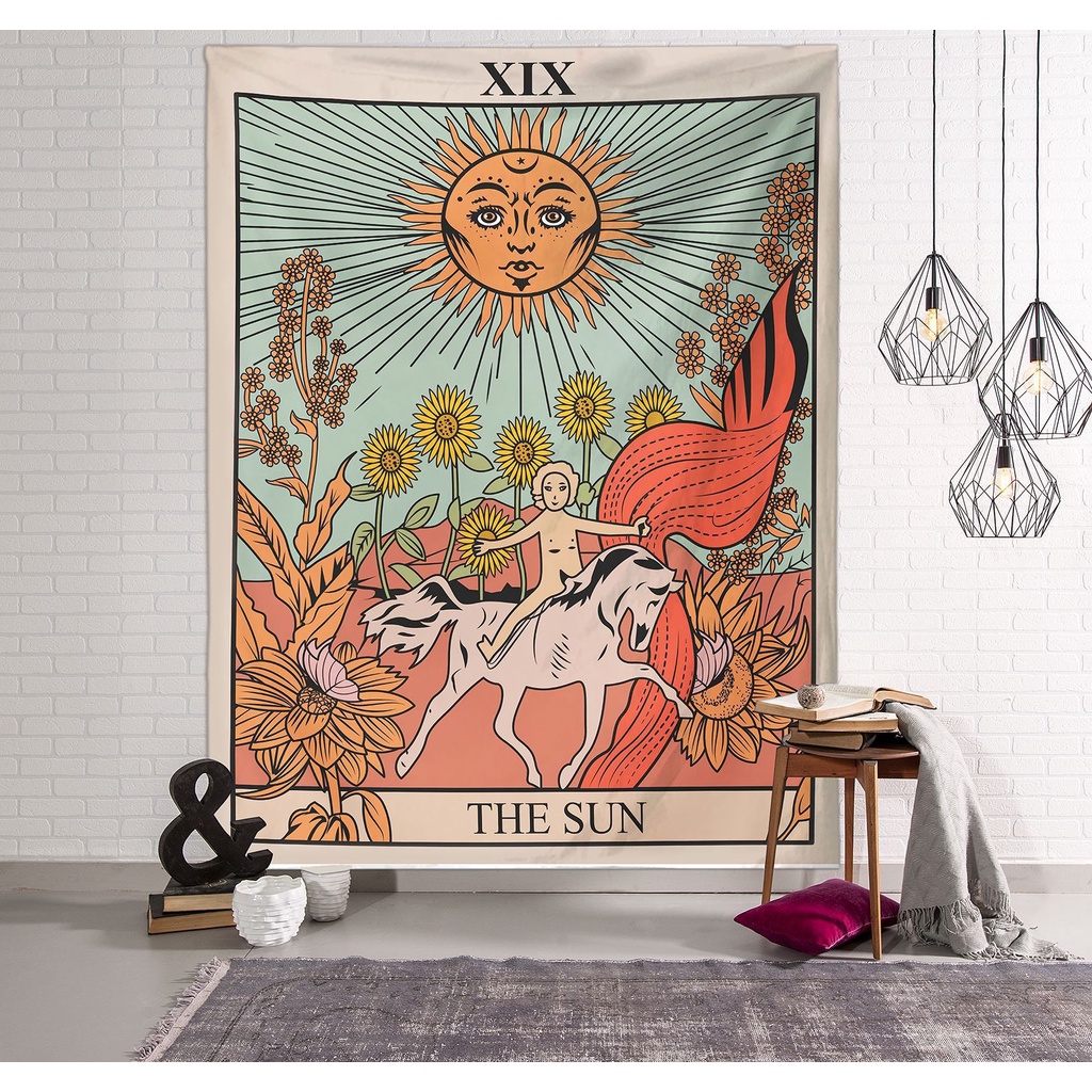 Thảm Treo Tường Trang Trí In Hình Lá Bài Tarot/Mặt Trời/Mặt Trời/Ngôi Sao Ấn Độ Nhiều Màu Sắc Phong Cách Âu Mỹ