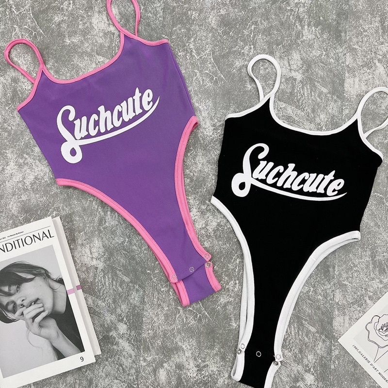 Áo hai dây bodysuit liền thân khoe eo in chữ viền màu 403 FIORI STORE