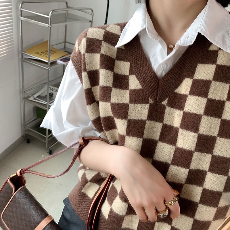 Áo khoác ghi lê họa tiết caro phong cách retro Nhật Bản