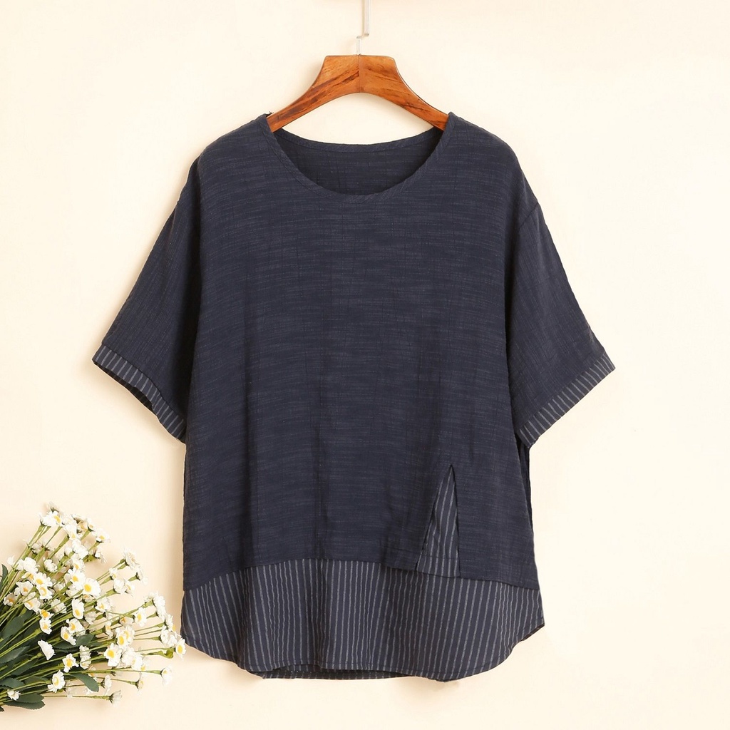 Áo Thun Cotton Lanh Mỏng Dáng Rộng Size Lớn Họa Tiết Kẻ Sọc Thoải Mái Thời Trang Mùa Hè Cho Nữ Size Xl -5Xl 2 Kiểu