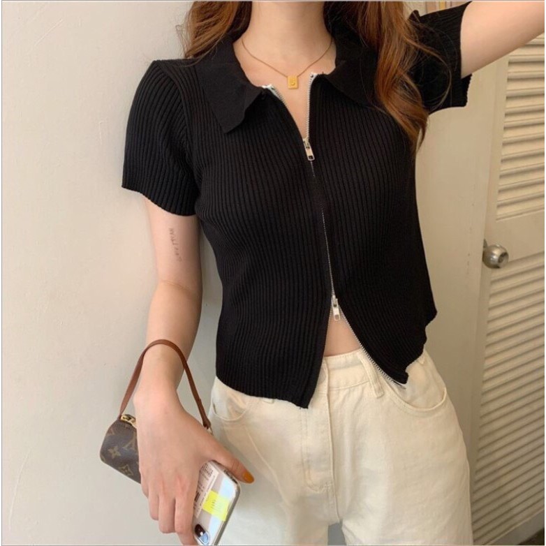 Áo croptop tay ngắn - áO CRT ôm cổ bẻ khóa kéo hai đầu AO026