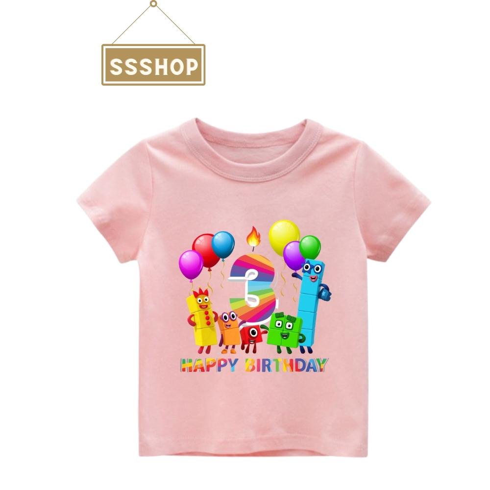 Áo thun trẻ em💖Áo cotton mát mịn họa tiết Hoạt Hình NumberBlock Chúc Mừng Sinh Nhật cho bé 2 3 4 5 6 Tuổi - Hồng