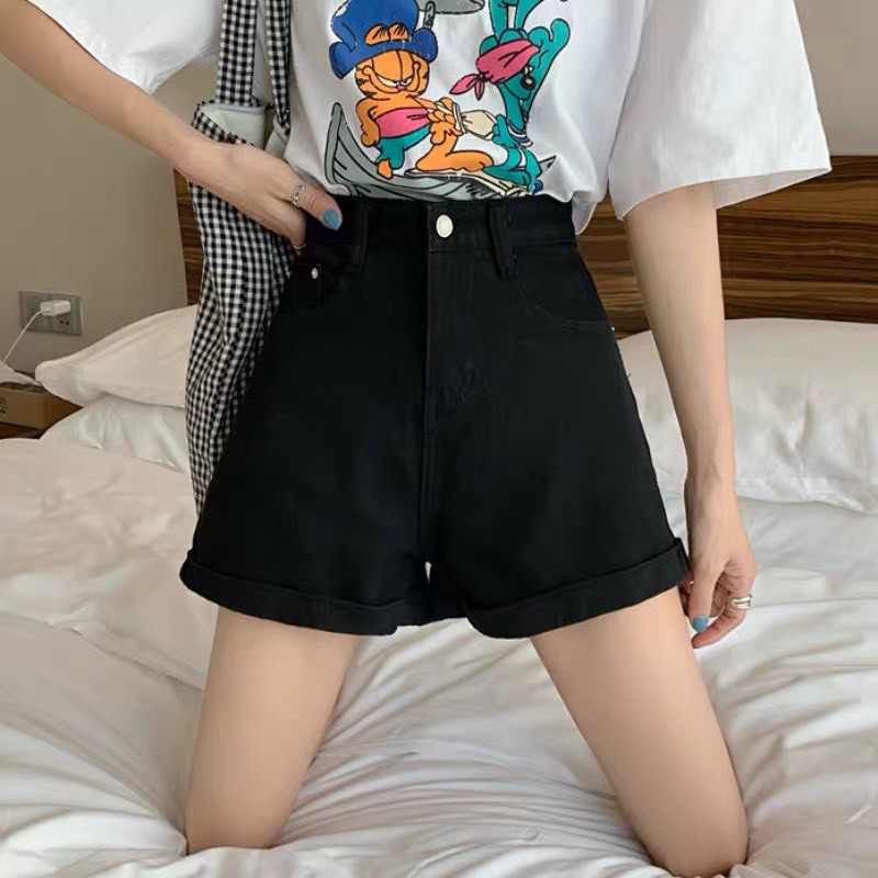 Quần short jean nữ BigSize lưng cao trên rốn, co dãn mạnh, xăn lai, ống rộng dành cho người béo 60kg~90kg 3825