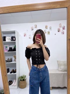 Áo croptop trễ vai đan dây - A579