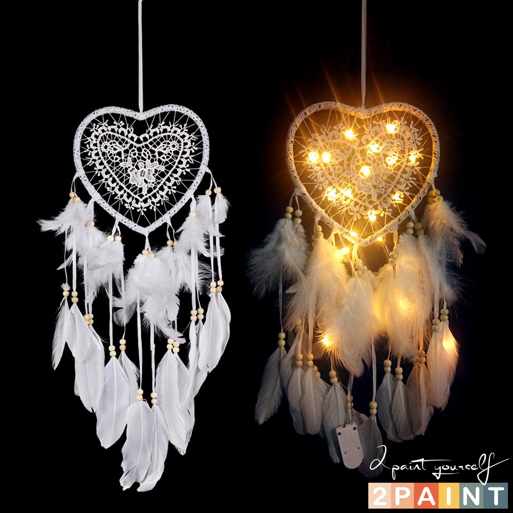 Dreamcatcher lông vũ gắn đèn hình tròn, Đèn led trang trí phòng ngủ treo tường 2PAINT