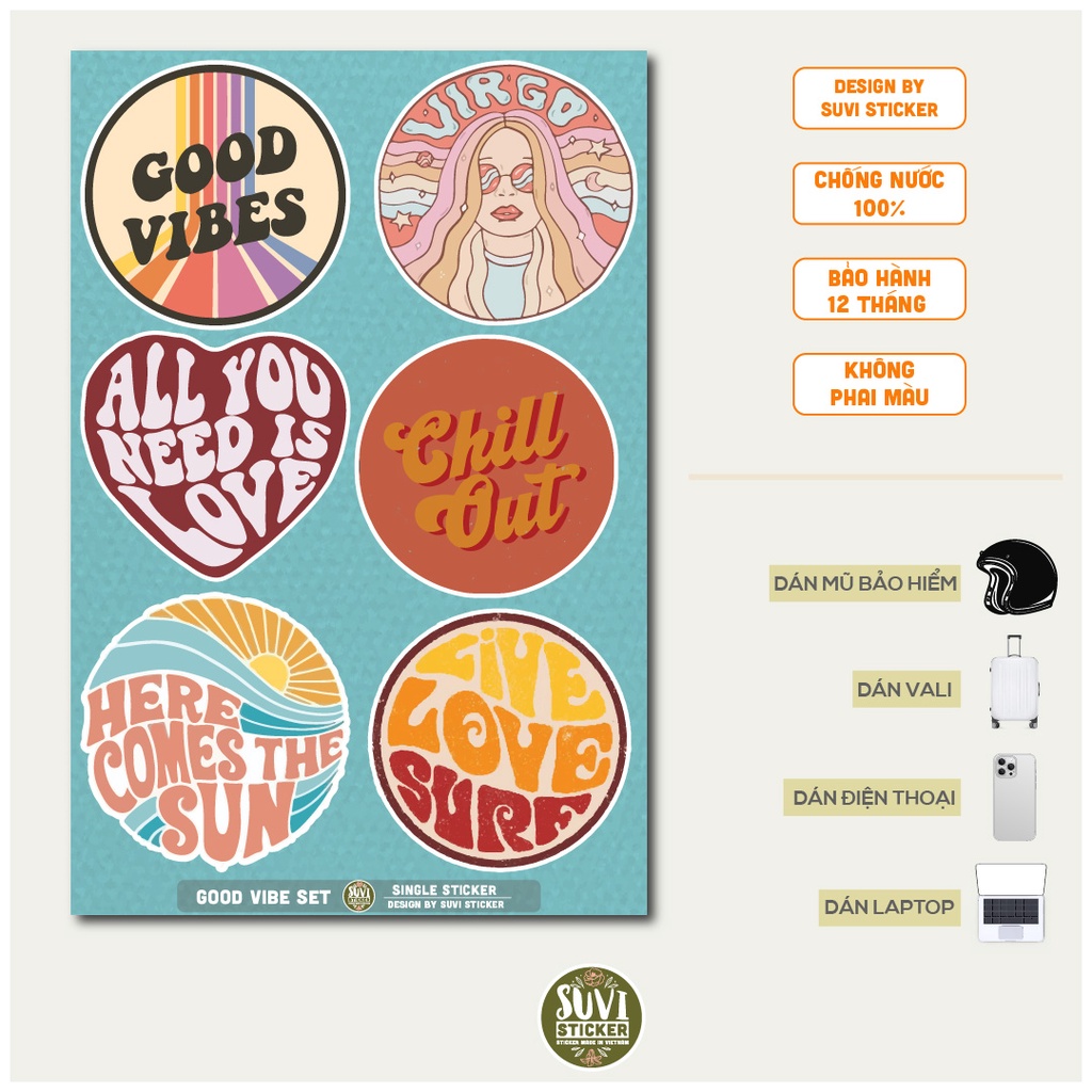 STICKER LẺ - Sticker Good Vibes dán mũ bảo hiểm, laptop, điện thoại, vali. MSP: SS12