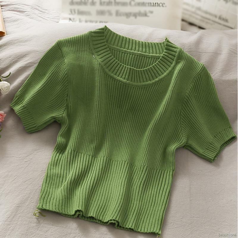 Áp Croptop dệt kim tay ngắn cổ tròn phong cách Hàn Quốc