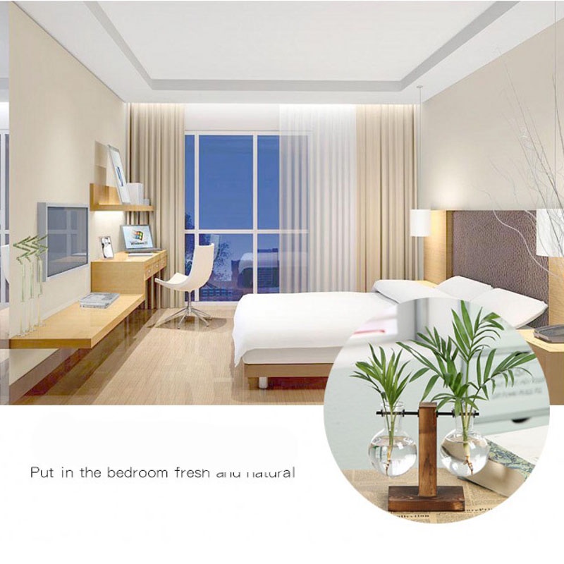 Lọ hoa thủy tinh trong suốt có khung gỗ để bàn trang trí nhà cửa/ văn phòng