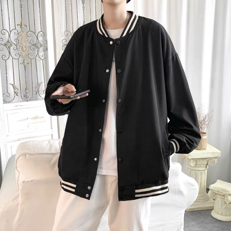 ▦✢Áo khoác bomber unisex trơn - bóng chày chất kaki 2 lớp phối bo đen trắng là điểm nhấn
