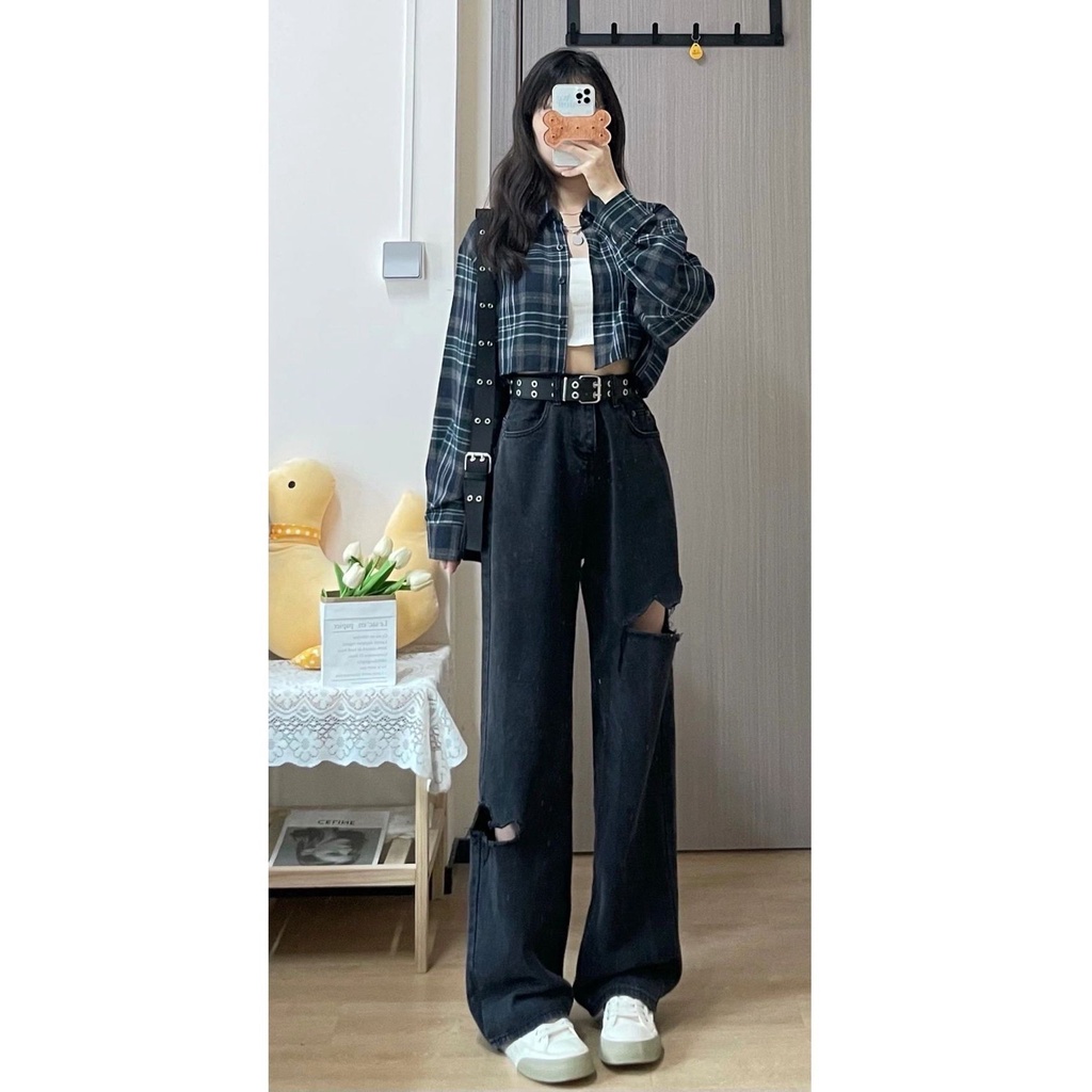 Áo Sơ Mi Tay Dài Chống Nắng Họa Tiết Sọc Caro Phong Cách Vintage