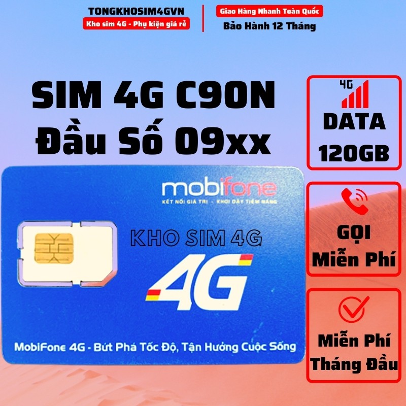 Sim 4G Mobifone C90N 4Gb/Ngày + Sim FV119 Data 180Gb Free 2 Tháng - Free Gọi - Không Giới Hạn Data