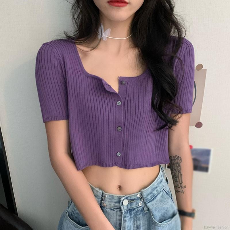 [Baywellfashion]Áo Cardigan Dệt Kim Tay Ngắn Cổ Vuông Phối Nút Hợp Thời Trang Cho Nữ | BigBuy360 - bigbuy360.vn