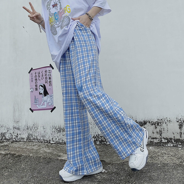 Harajuku style wide leg pants lovers Plaid straight pants men's and women's casual pants