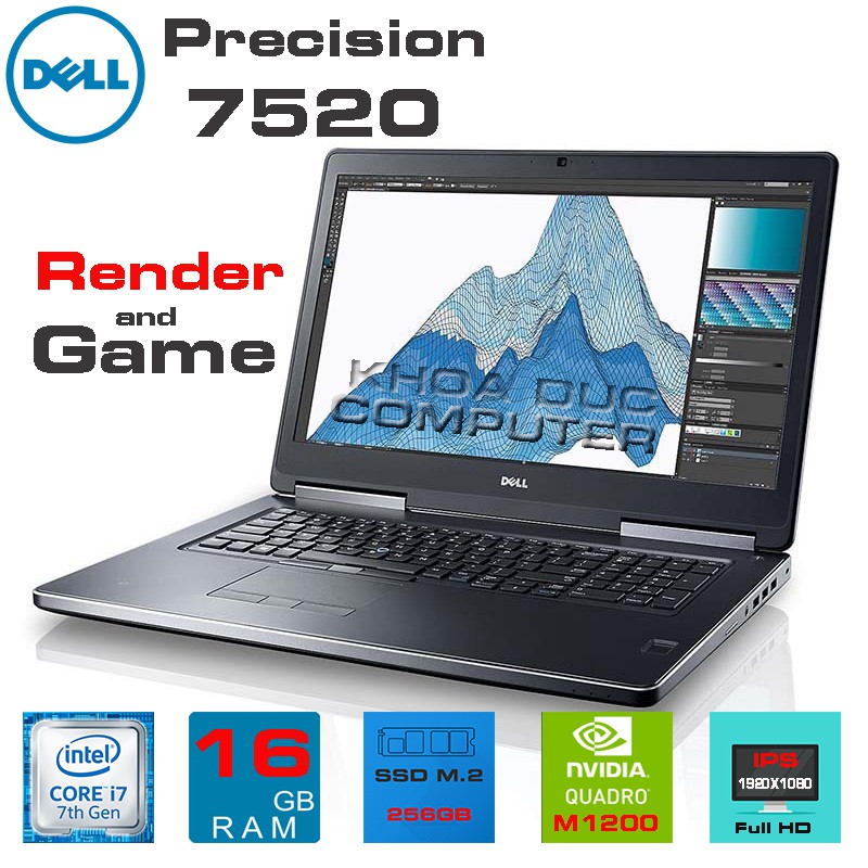 Laptop máy trạm Dell Pecision 7520 Core i7-7820HQ, 16gb Ram, 256gb SSD+1tb HDD, vga Quadro M1200M, 1