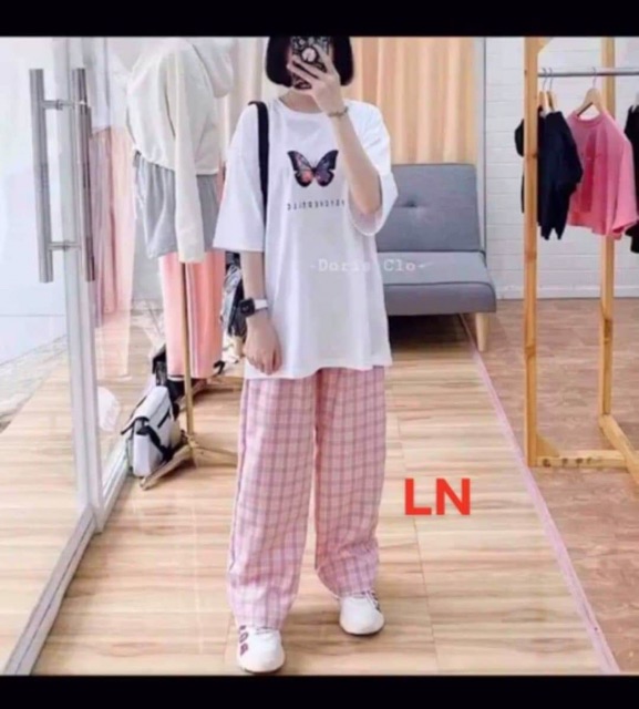 Set áo bướm + quần kẻ Hồng ống suông rộng