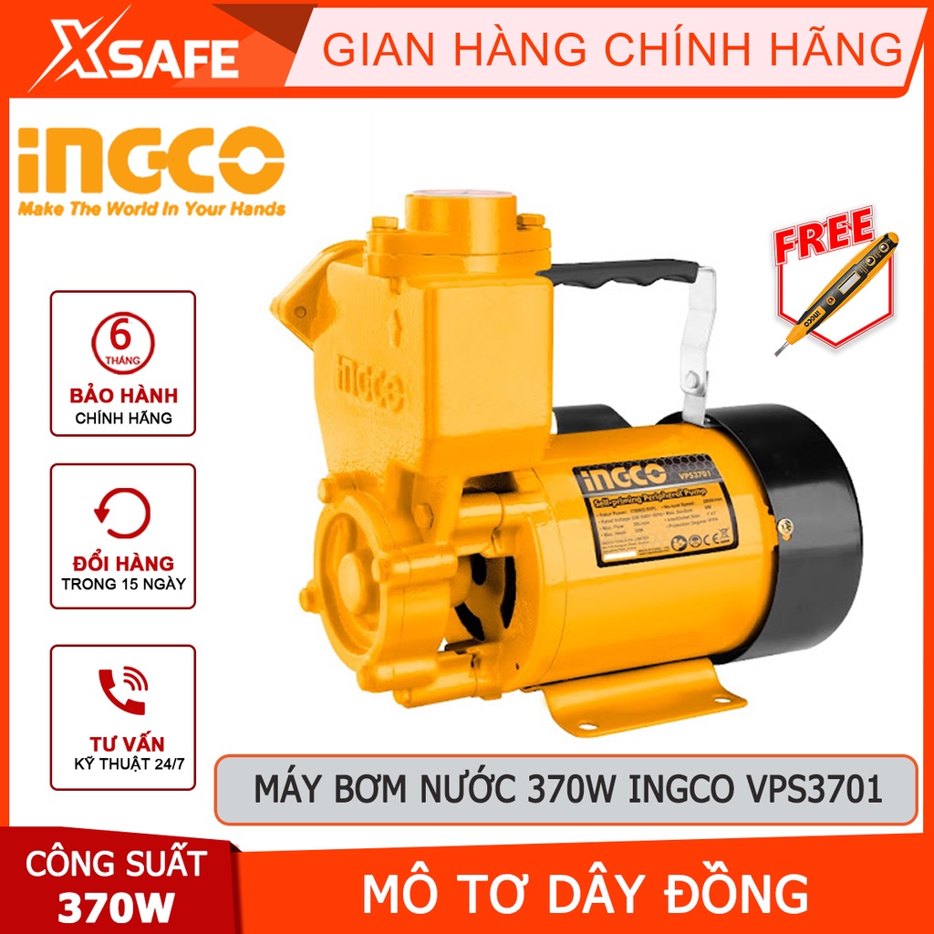 Máy bơm nước INGCO VPS3701 Máy bơm tăng áp 370W(0.5HP), chiều cao bơm 32m, độ hút sâu 8m, mô tơ dây đồng tăng áp lực