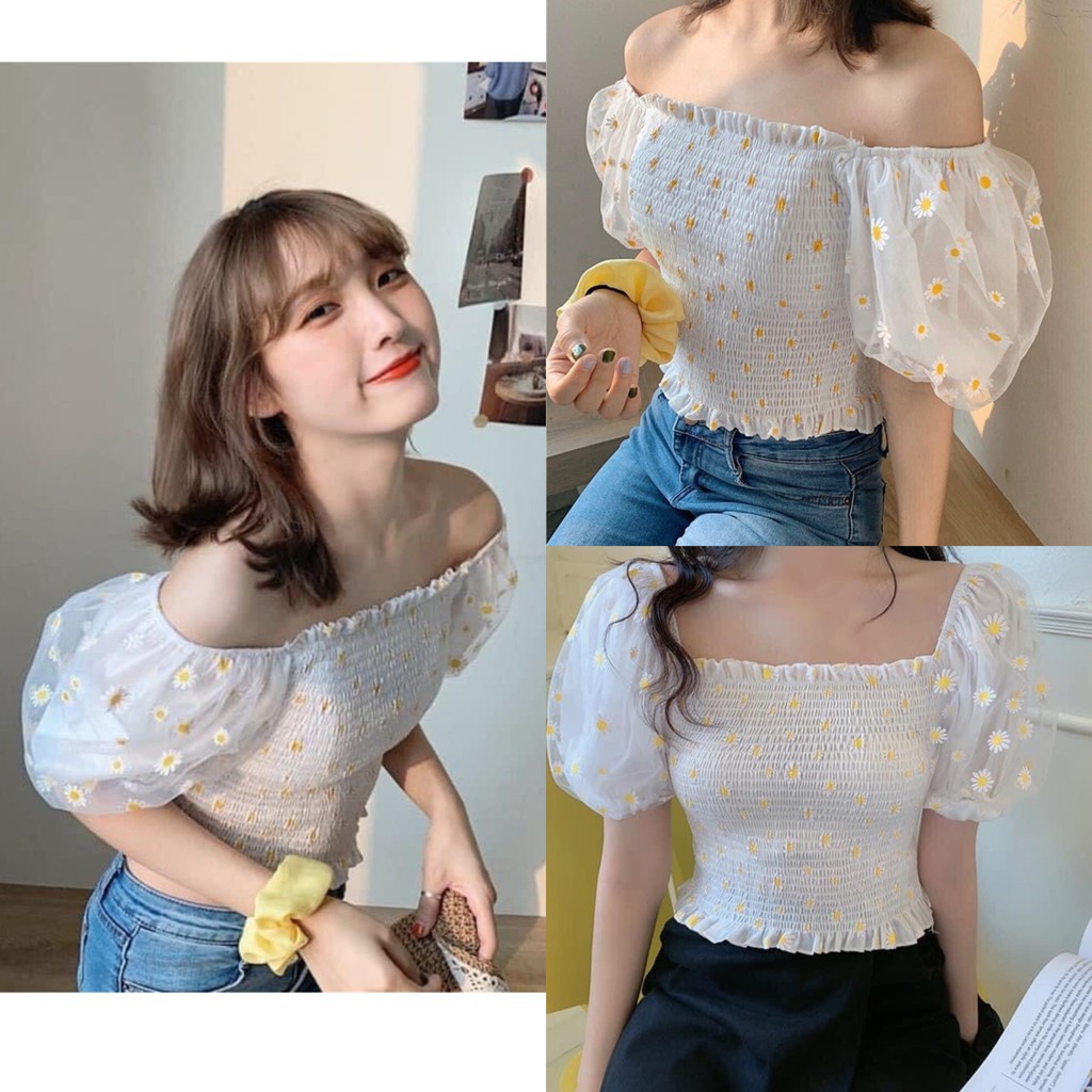 Áo Kiểu Trễ Vai Belis Croptop hoạ tiết hoa cúc hoạ mi from chuẩn bo chun co giãn - tay áo phồng mix chất voan lưới