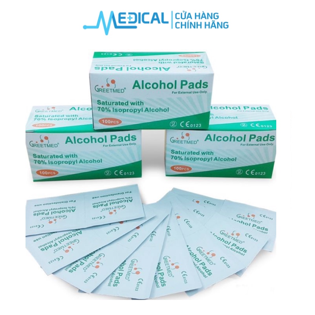 Gạc tẩm cồn Alcohol Pads Greetmed hộp 100 miếng dùng vệ sinh vật dụng nhỏ gia đình - MEDICAL