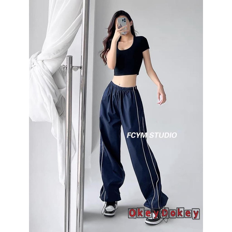 Quần Dài Dáng Suông Rộng Cột Dây Eo Thiết Kế Kẻ Sọc Bên Hông Cho Nữ