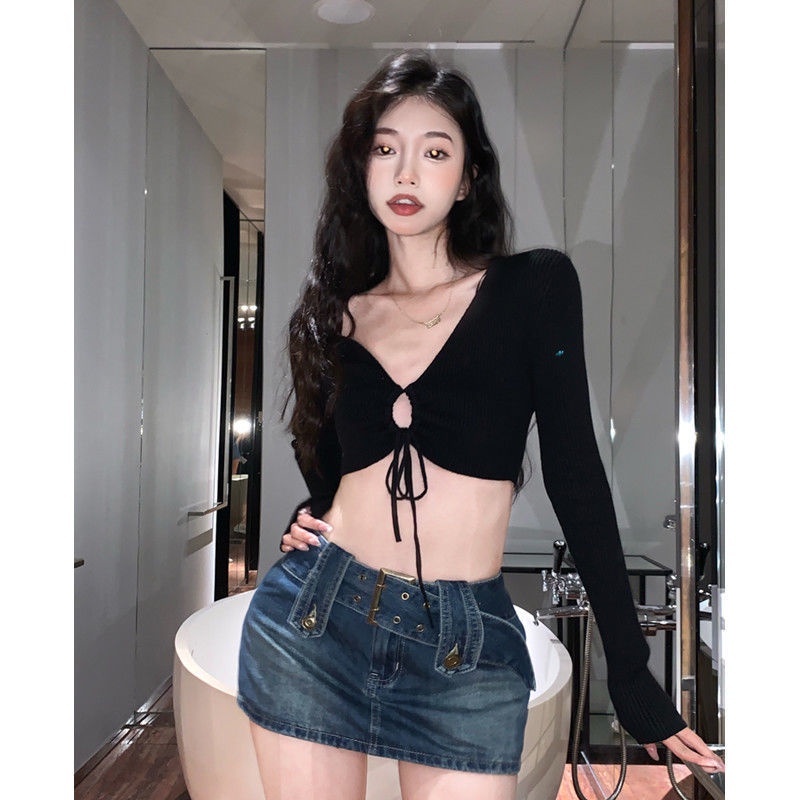 COZOK Áo Thun Dệt Kim Tay Dài Cổ Chữ V Xếp Ly Dáng Ôm Quyến Rũ