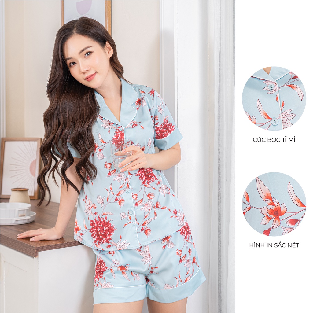 Bộ ngủ satin ZAM Luxury - CDA86 - áo ngắn tay quần đùi hoạ tiết