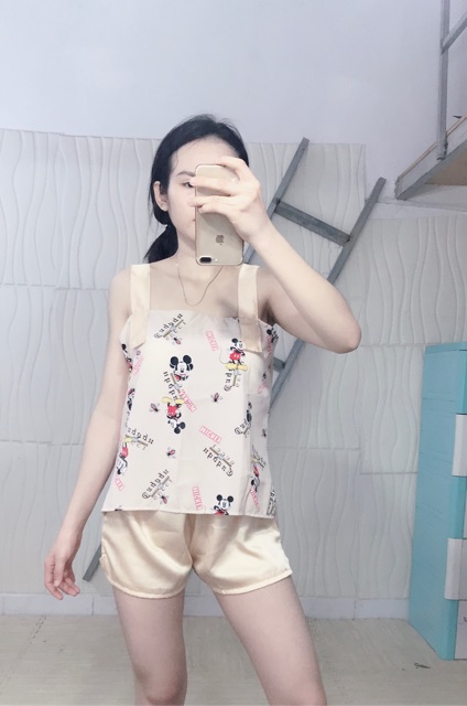 Set hai dây bản to quần đùi lụa satin cao cấp thiết kế