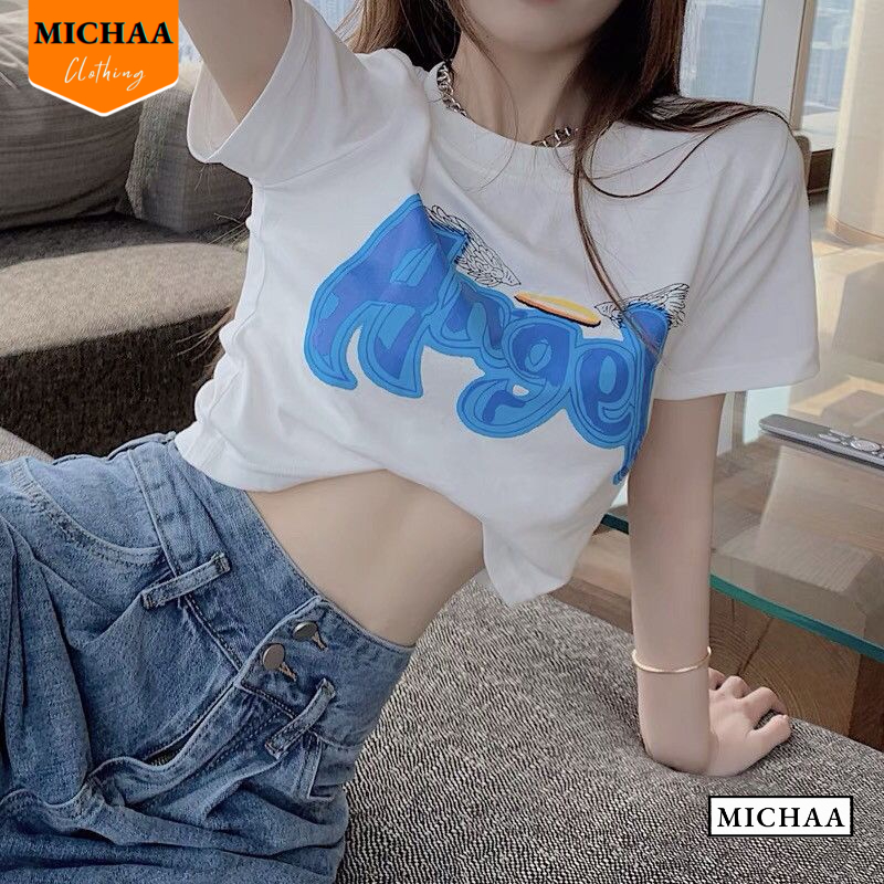 Áo Croptop Ôm Body Nữ ANGEL Cổ Tròn Tay Ngắn, Áo Thun Croptop Kiểu In Họa Tiết - MICHAA CR82