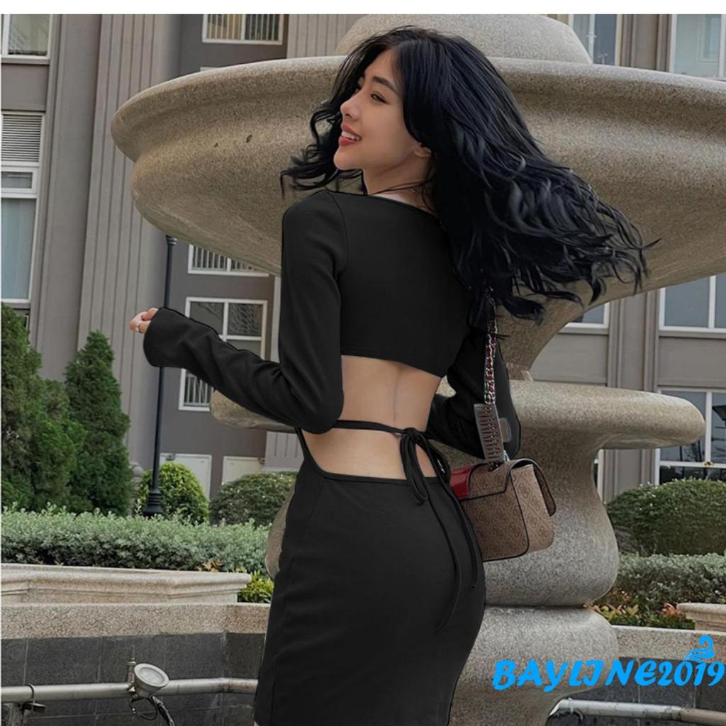Bay-Women Short Bodycon Dress Solid Color Back Hollow-Out Long Sleeve Low-Cut Dress Spring Wrapped Hip Dress