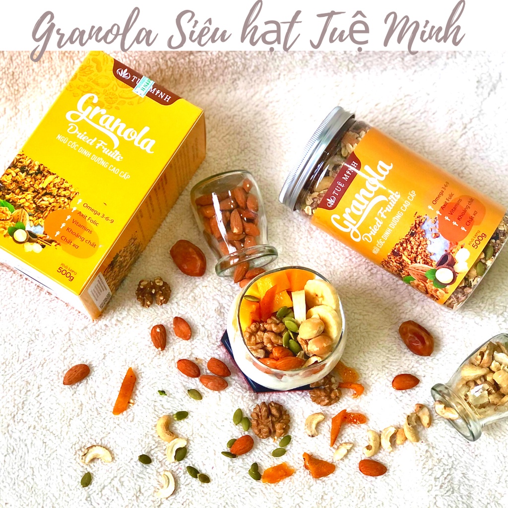 Granola Siêu hạt Tuệ Minh cao cấp mix 12 loại hạt, Ngũ cốc giảm cân ăn kiêng thêm Macca, Óc chó, Nho, Dâu tây