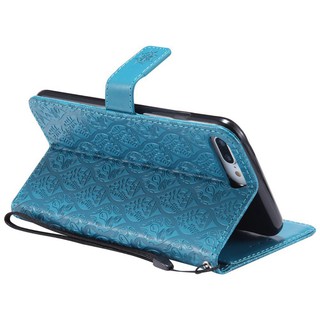 For iPhone 7 Plus/8 Plus Blue Lanyard Relief Flower Leather Flip Case