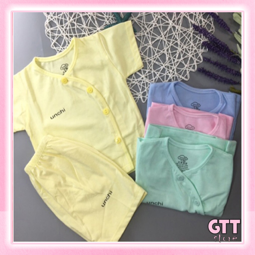 Bộ quần áo sơ sinh Unchi cotton cộc tay vạt lệch khuy chéo cho bé thoáng mát QT004