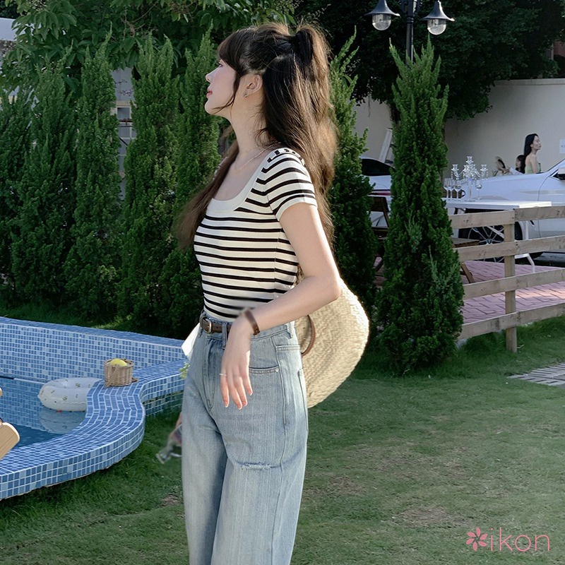 Áo Thun Dệt Kim Kẻ Sọc Dáng Ôm Thời Trang Cho Nữ